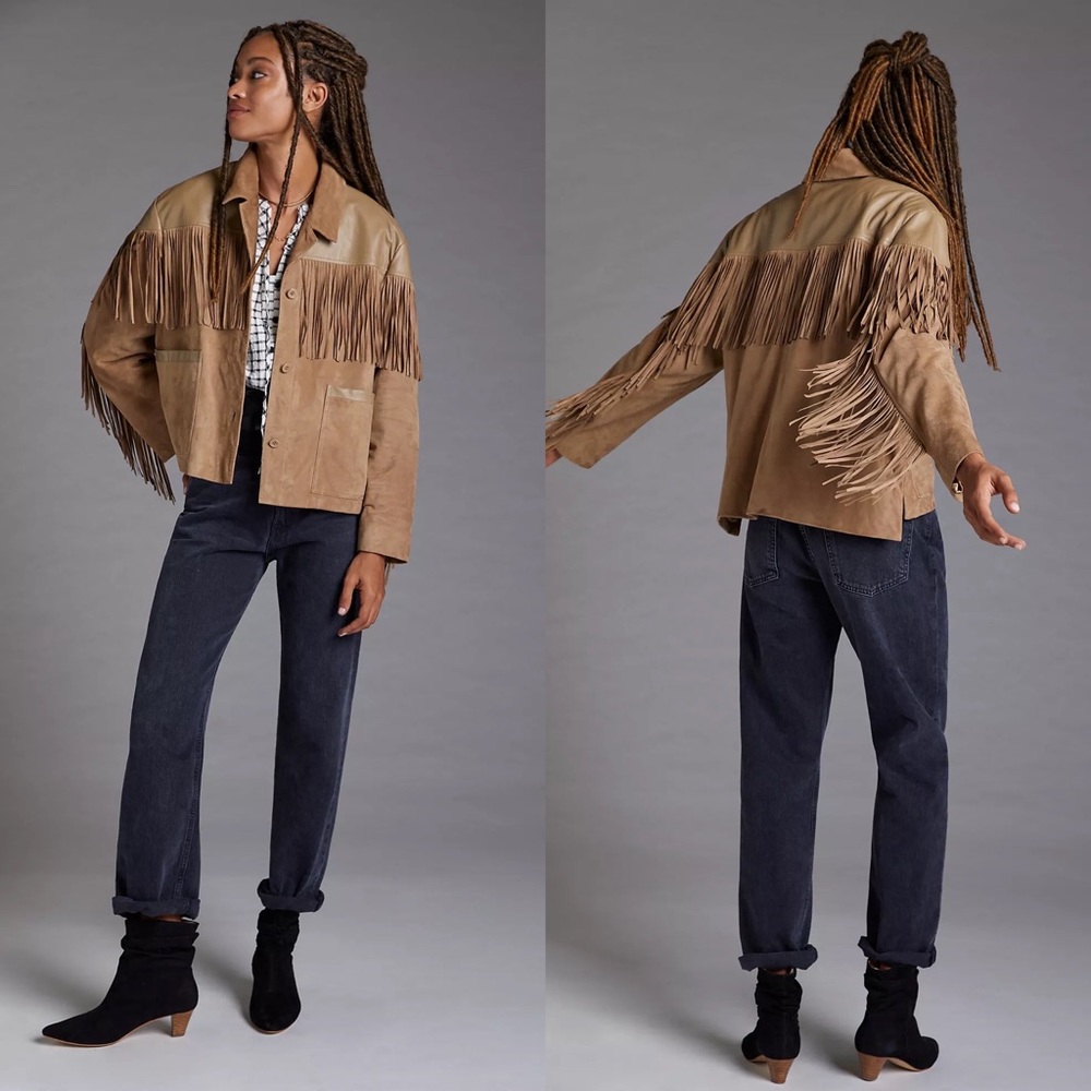 New Anthropologie Lamarque Madeline Fringe Suede Leather Jacket Size Small - Picture 2 of 7